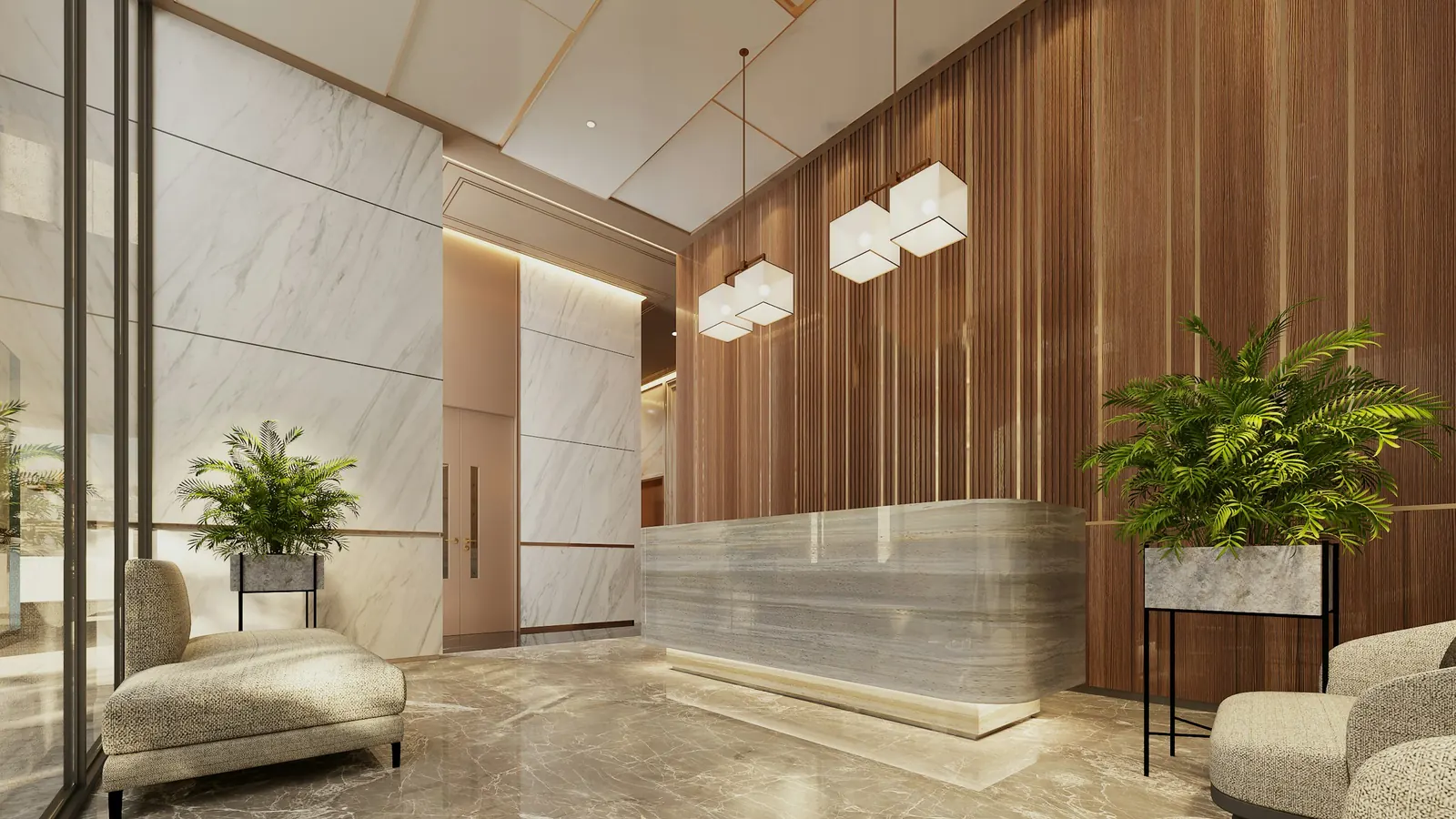 A modern lobby with a marble reception desk and plants
